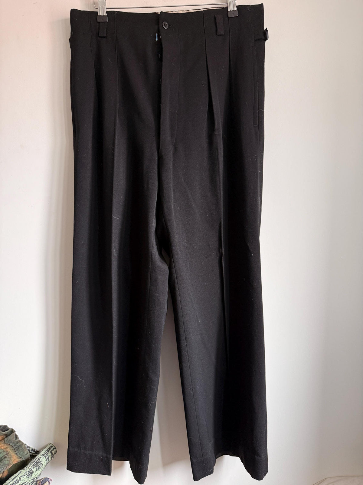 1930s 1940s Vintage Womens Black Wool Trousers – High Waist Pleated Button Fly – Side Adjusters