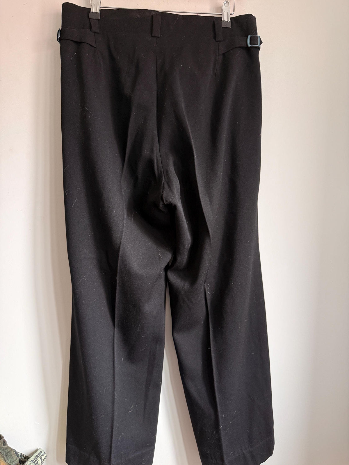 1930s 1940s Vintage Womens Black Wool Trousers – High Waist Pleated Button Fly – Side Adjusters