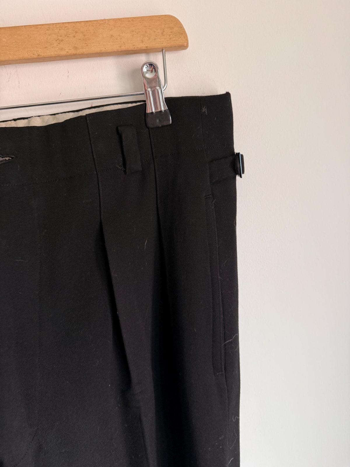 1930s 1940s Vintage Womens Black Wool Trousers – High Waist Pleated Button Fly – Side Adjusters