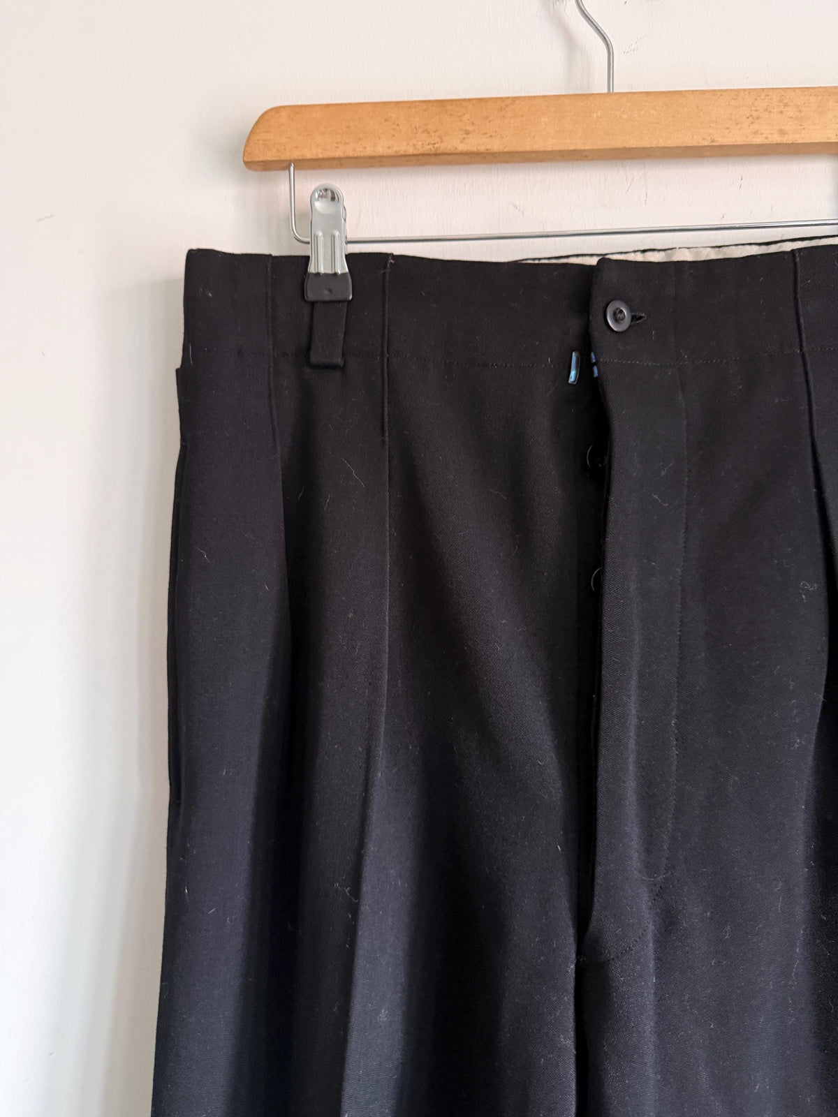 1930s 1940s Vintage Womens Black Wool Trousers – High Waist Pleated Button Fly – Side Adjusters