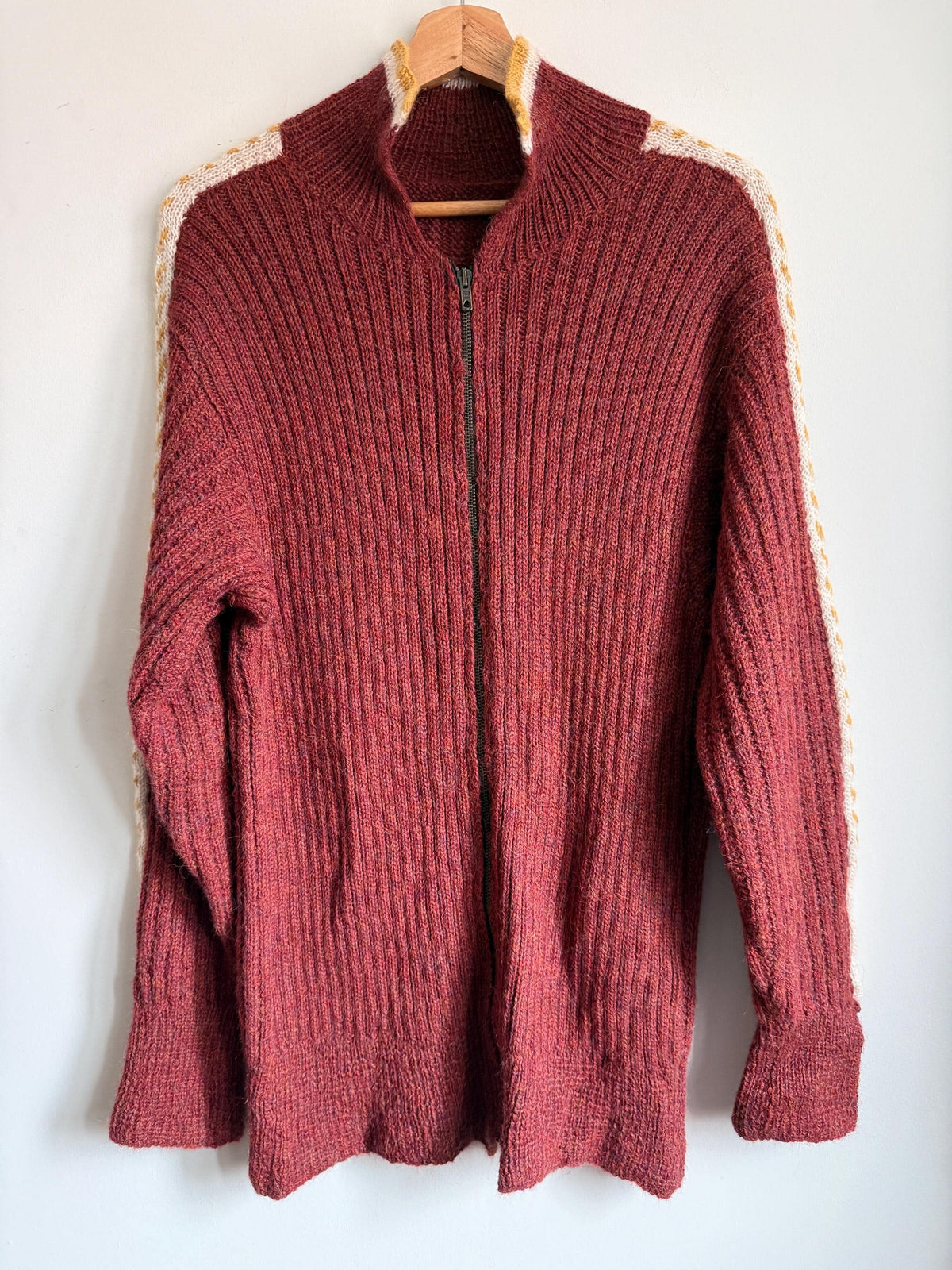 Vintage 1950s Wool Zip Cardigan – Burgundy Ski Sweater – Contrast Stripe Chunky Knit Jacket – Unisex