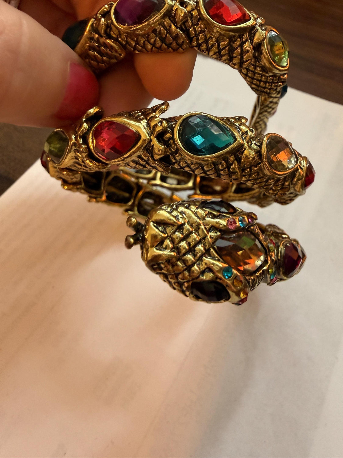 Vintage Gold Tone Dragon Coil Bracelet – Multicolour Crystal Serpent Wrap Bangle – Statement Costume Jewellery