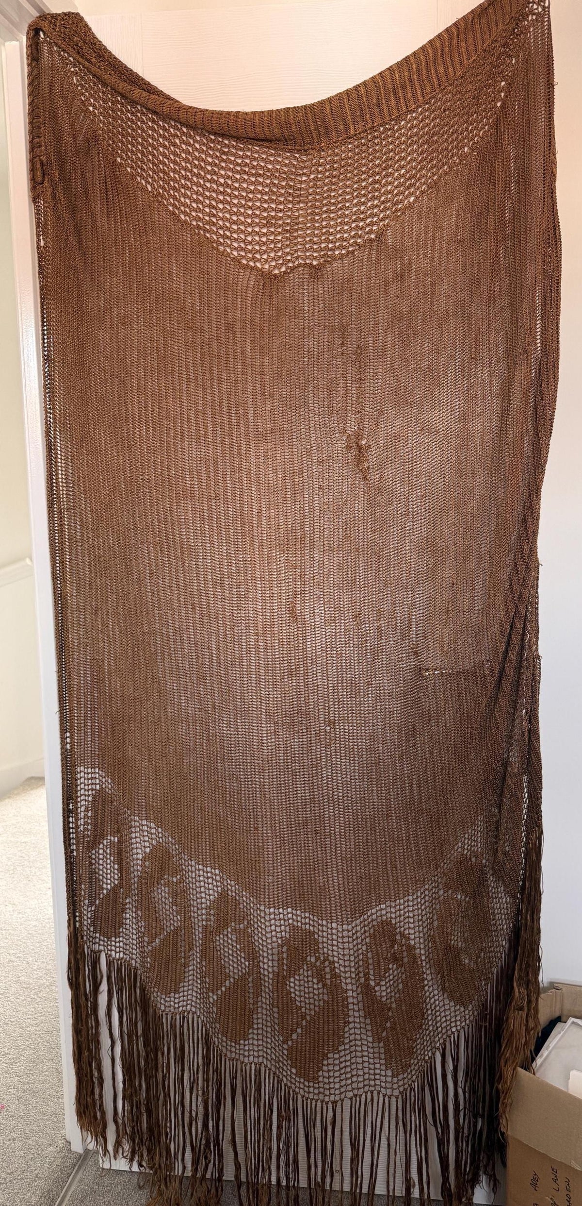Vintage 1930s Bronze Crochet Piano Shawl 40 x 65 Inch Floral Rose Fringe Art Deco Evening Wrap