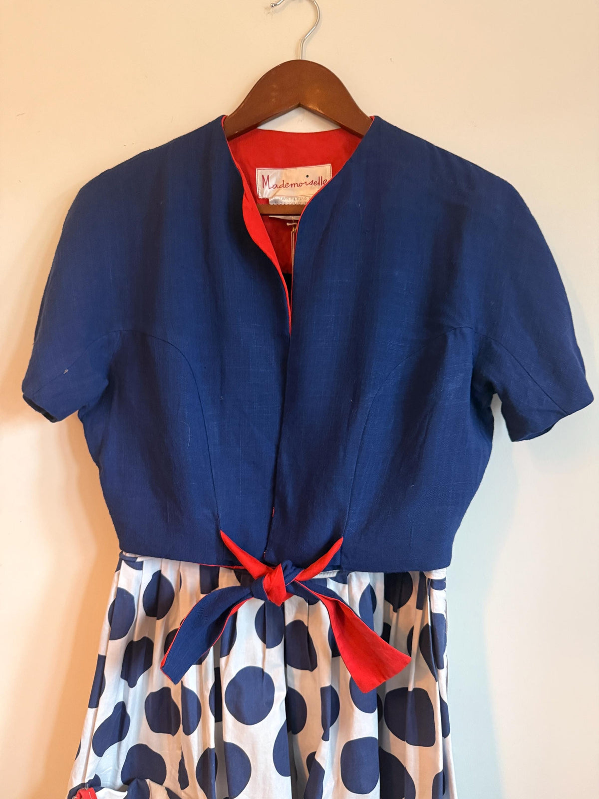 Vintage 1950s Mademoiselle Polka Dot Sundress & Bolero Set Navy Red Size 16