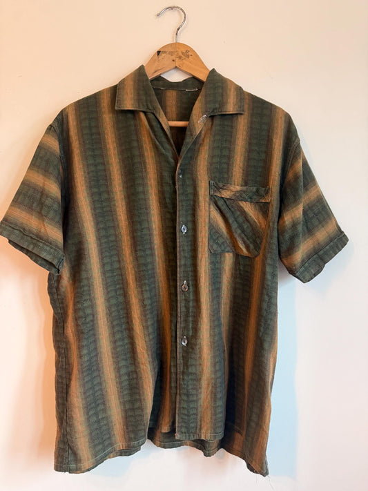 Vintage 1940s 1950s Men’s Striped Leisure Shirt Green Brown Rockabilly Shirt