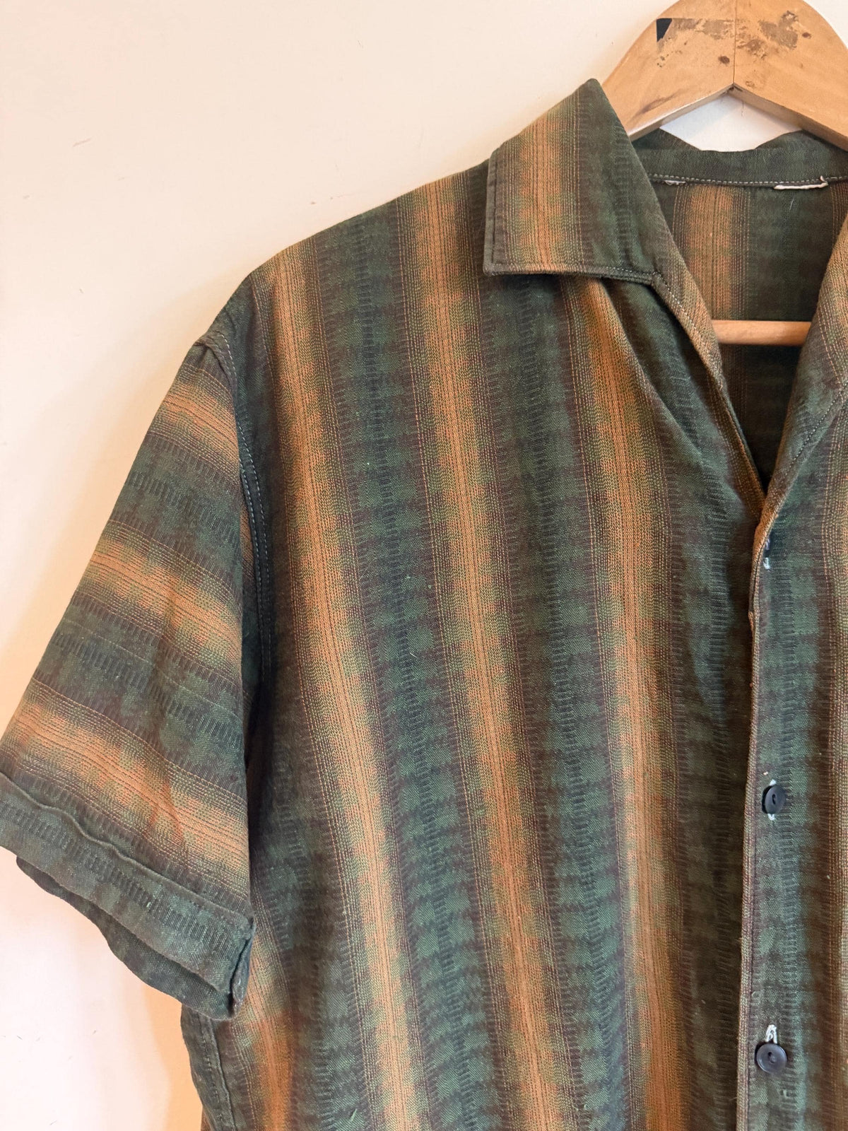 Vintage 1940s 1950s Men’s Striped Leisure Shirt Green Brown Rockabilly Shirt