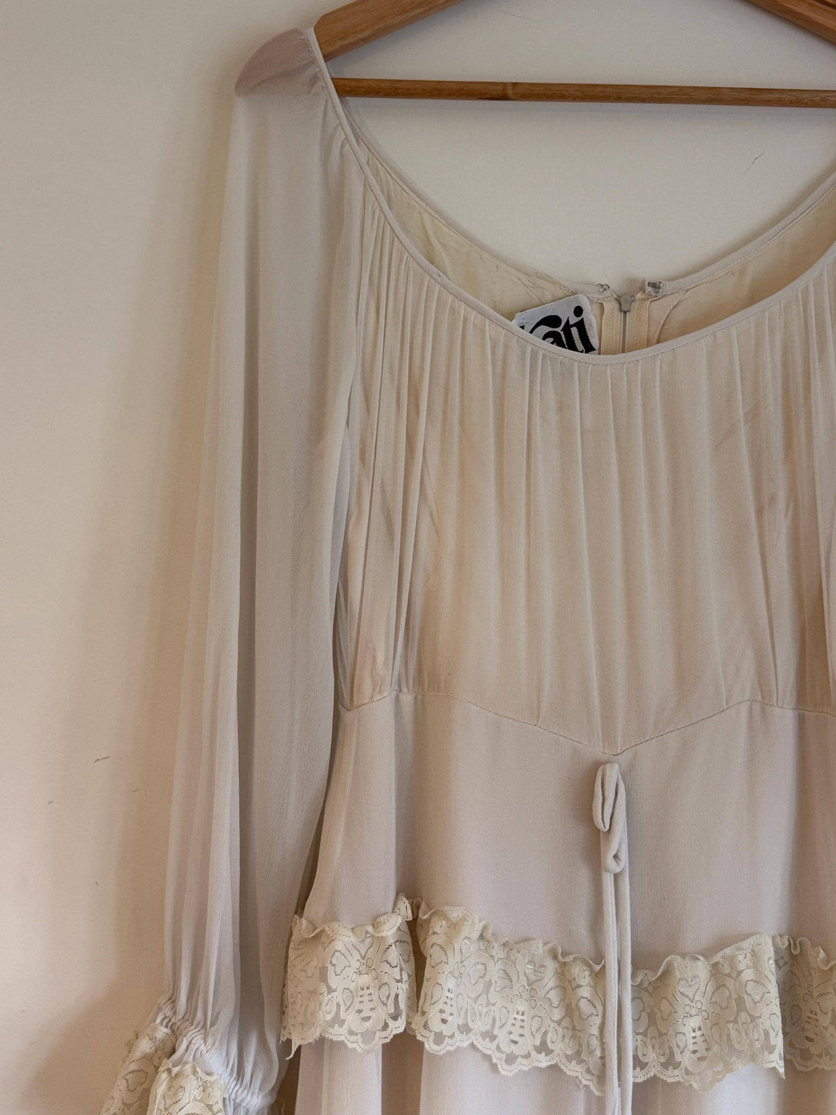 Vintage 1970s Kati at Laura Phillips Ivory Lace Prairie Maxi Dress Boho Bridal