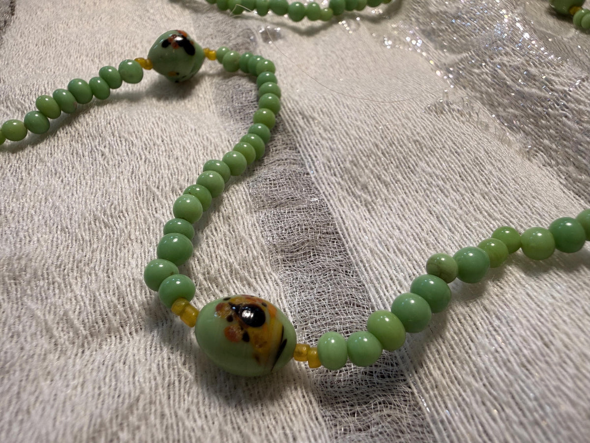 Vintage Green Glass Bead Necklace Long Art Deco Style Lampwork Statement Jewellery