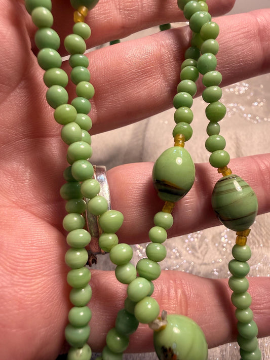 Vintage Green Glass Bead Necklace Long Art Deco Style Lampwork Statement Jewellery