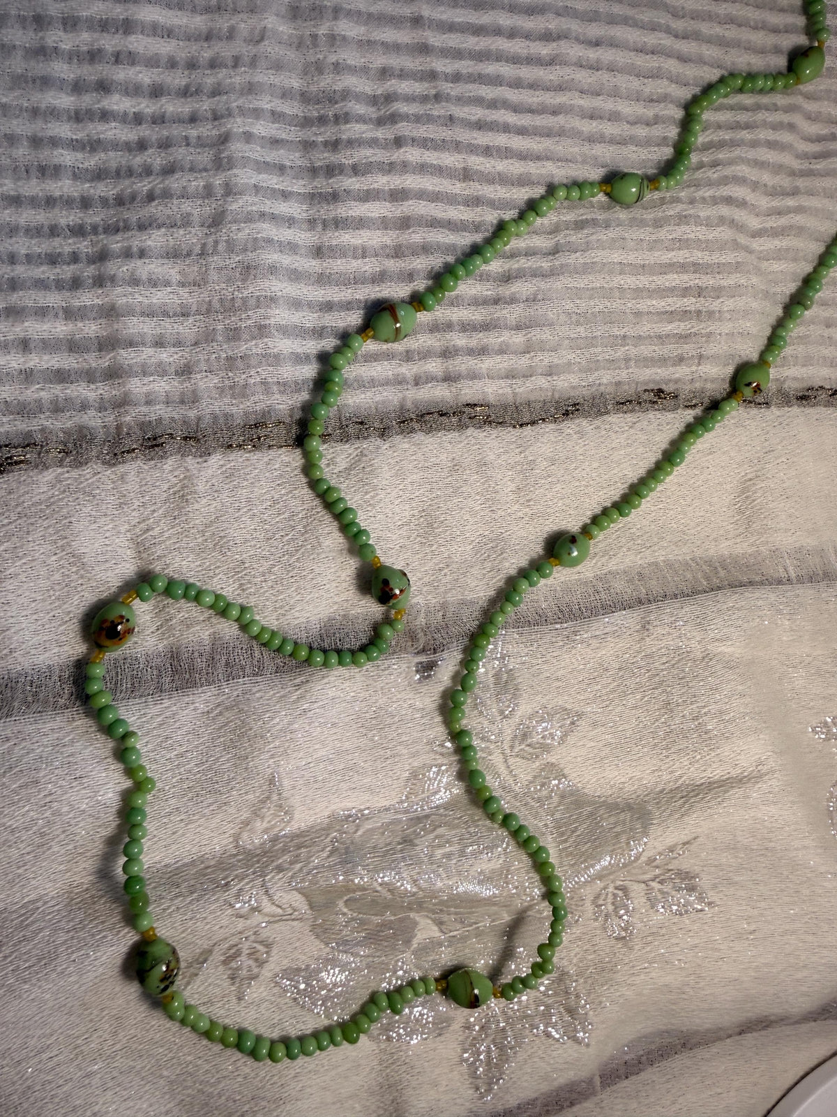 Vintage Green Glass Bead Necklace Long Art Deco Style Lampwork Statement Jewellery