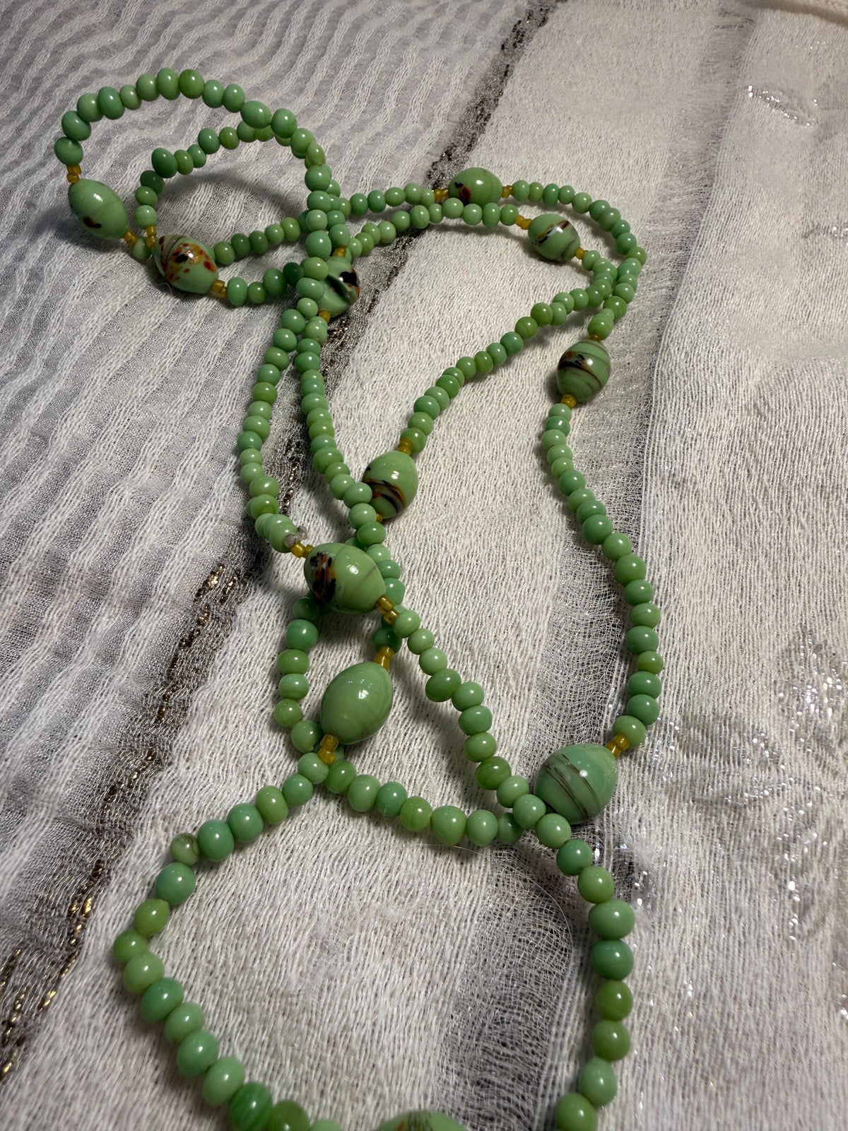 Vintage Green Glass Bead Necklace Long Art Deco Style Lampwork Statement Jewellery