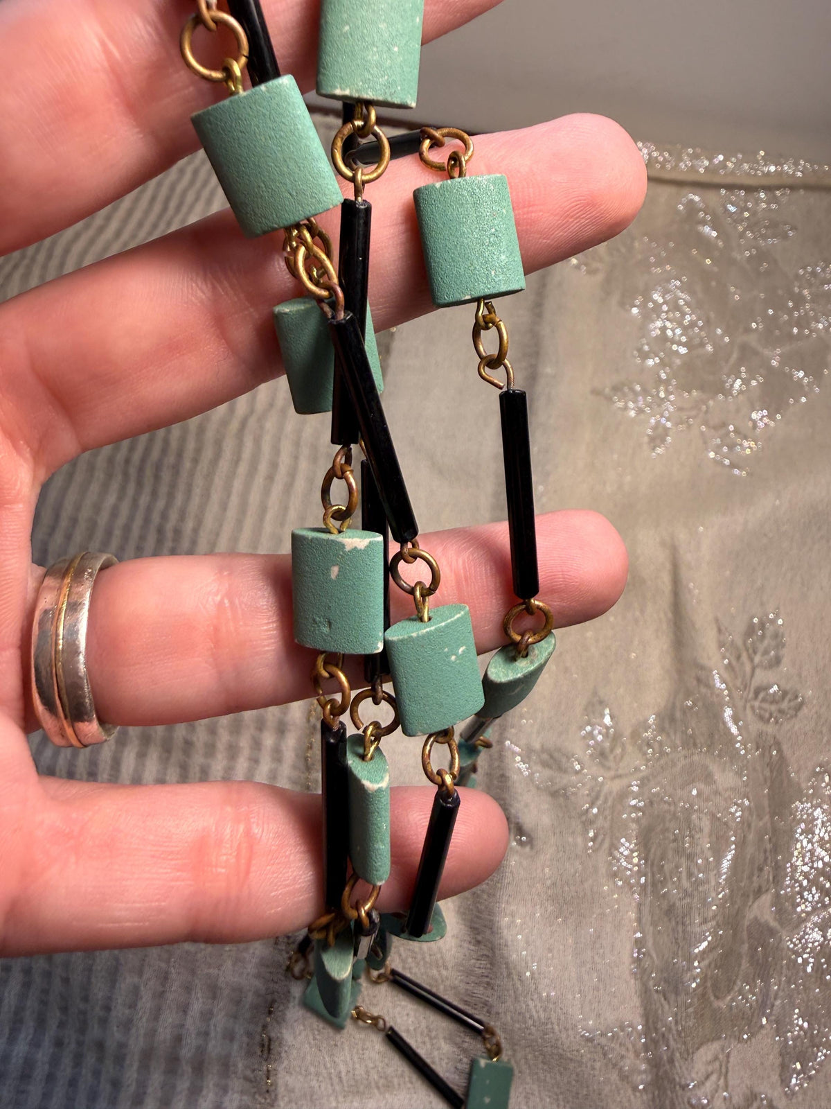 Vintage Art Deco Style Green Black Geometric Necklace Long Beaded Costume Jewellery