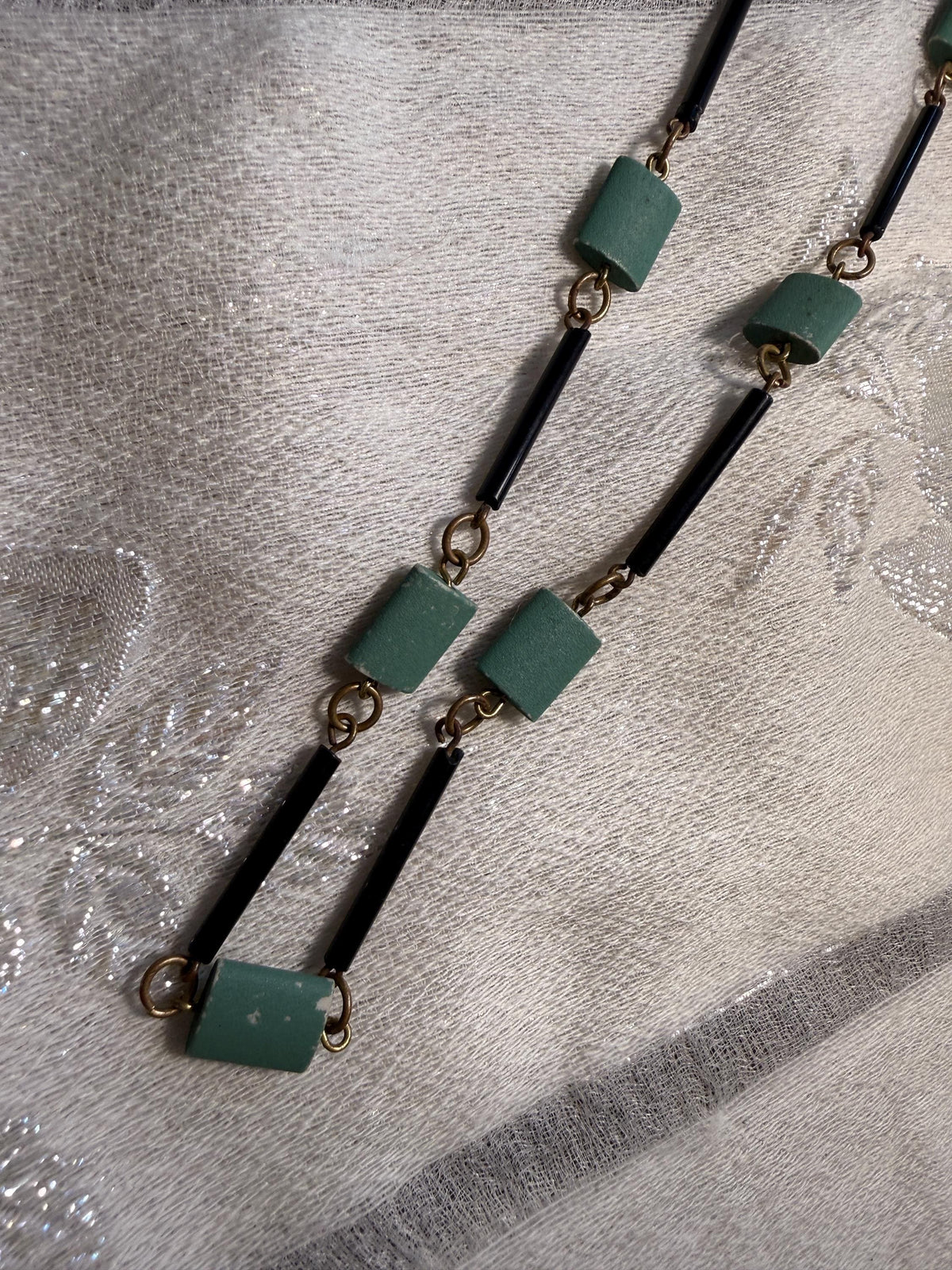 Vintage Art Deco Style Green Black Geometric Necklace Long Beaded Costume Jewellery