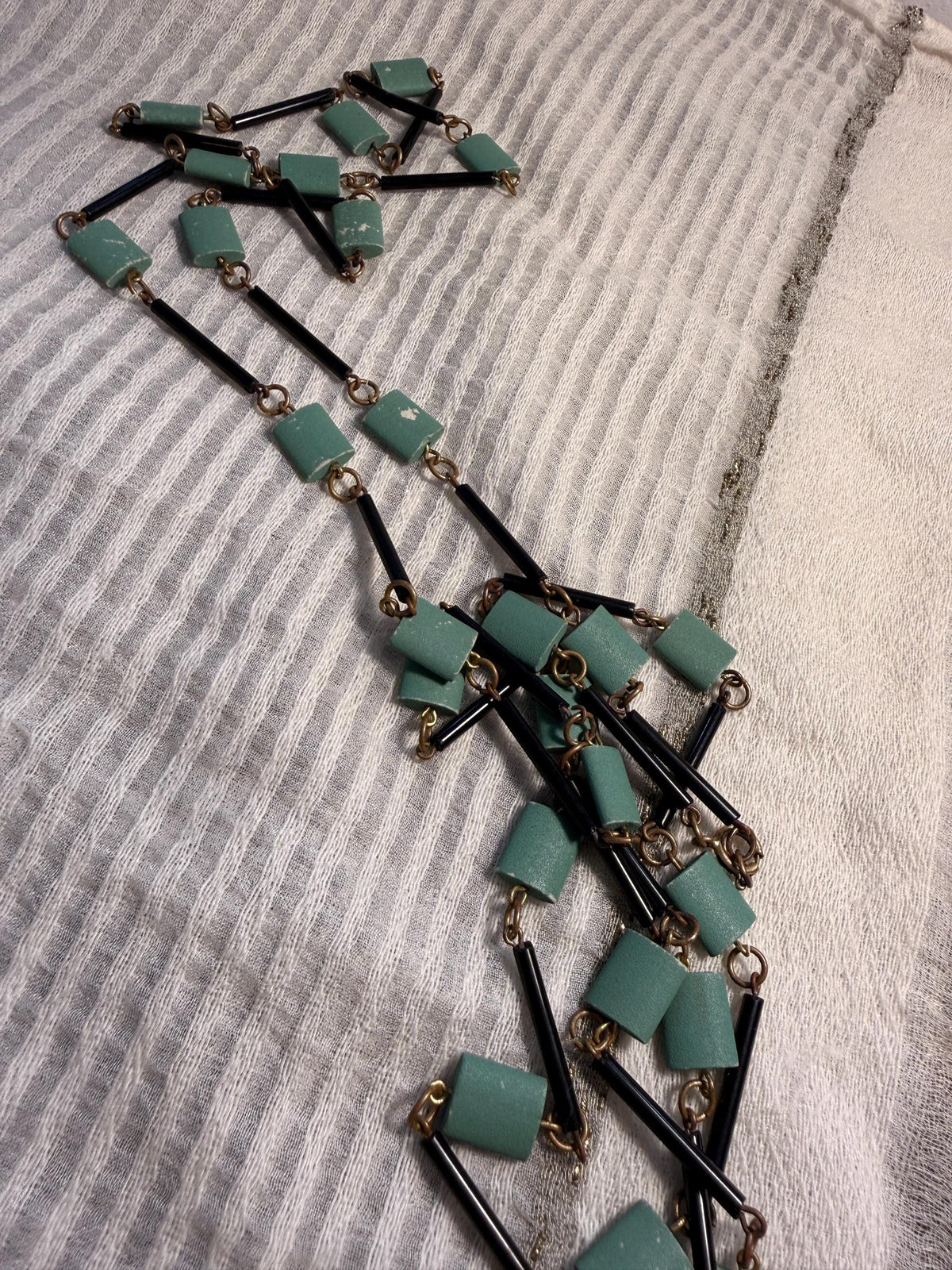 Vintage Art Deco Style Green Black Geometric Necklace Long Beaded Costume Jewellery