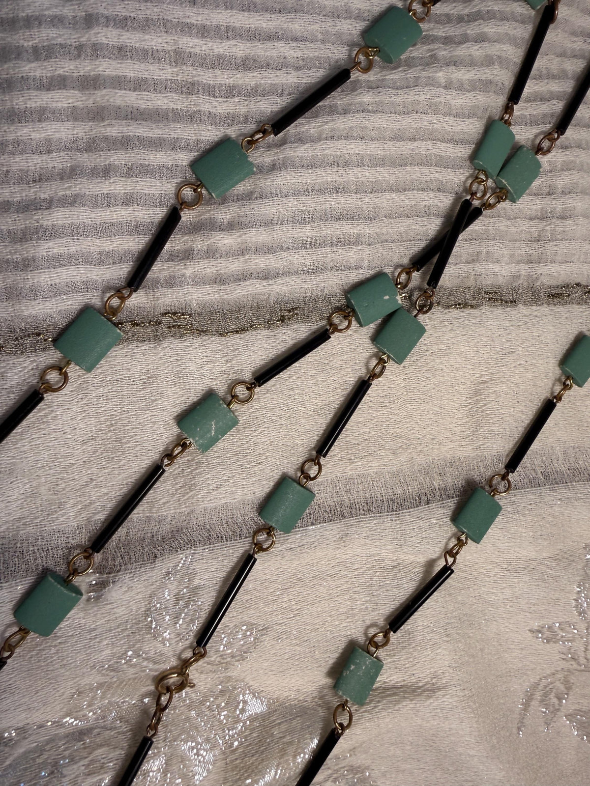 Vintage Art Deco Style Green Black Geometric Necklace Long Beaded Costume Jewellery
