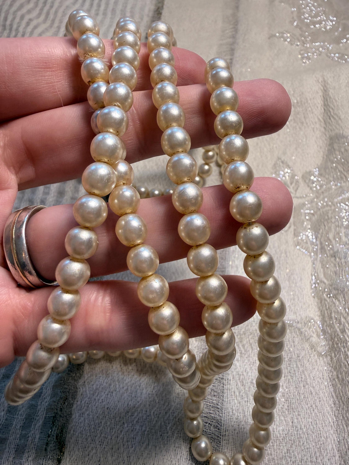 Vintage Long Faux Pearl Necklace Cream Glass Pearl Beads 1950s 1960s Jewellery