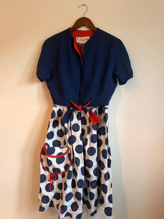 Vintage 1950s Mademoiselle Polka Dot Sundress & Bolero Set Navy Red Size 16