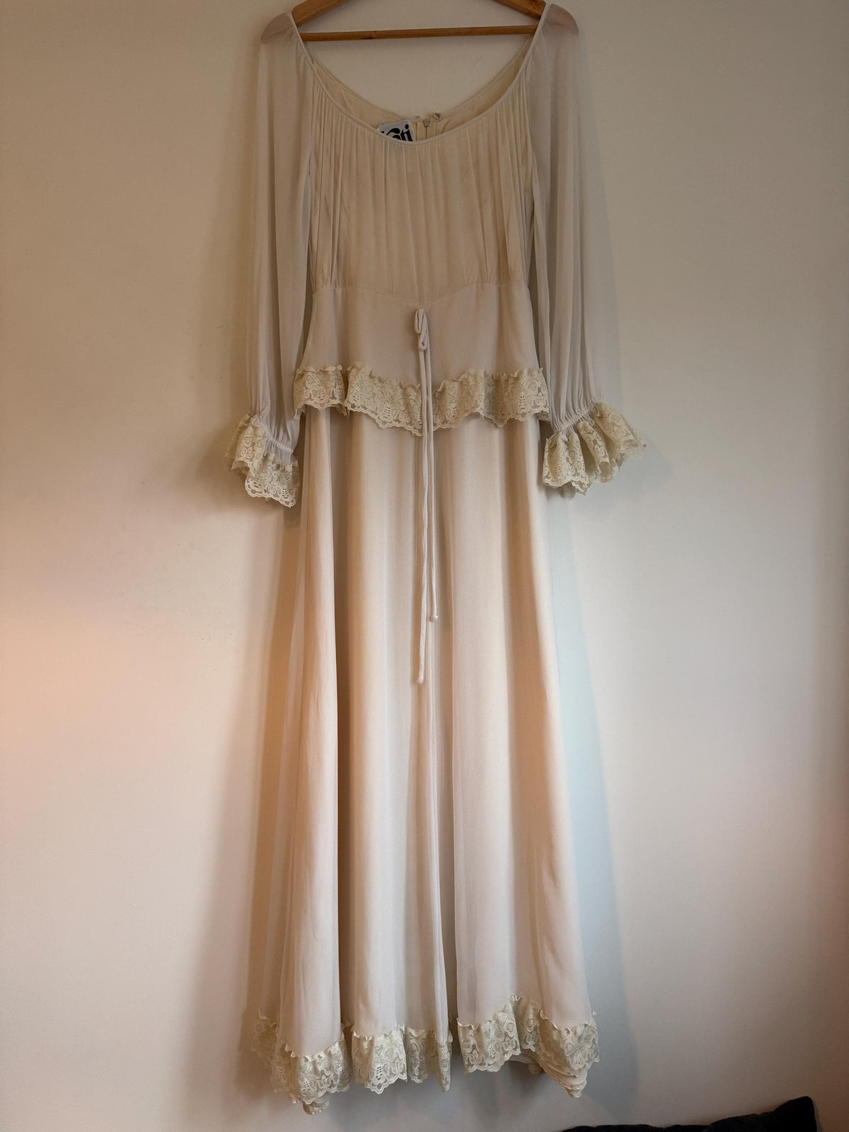 Vintage 1970s Kati at Laura Phillips Ivory Lace Prairie Maxi Dress Boho Bridal