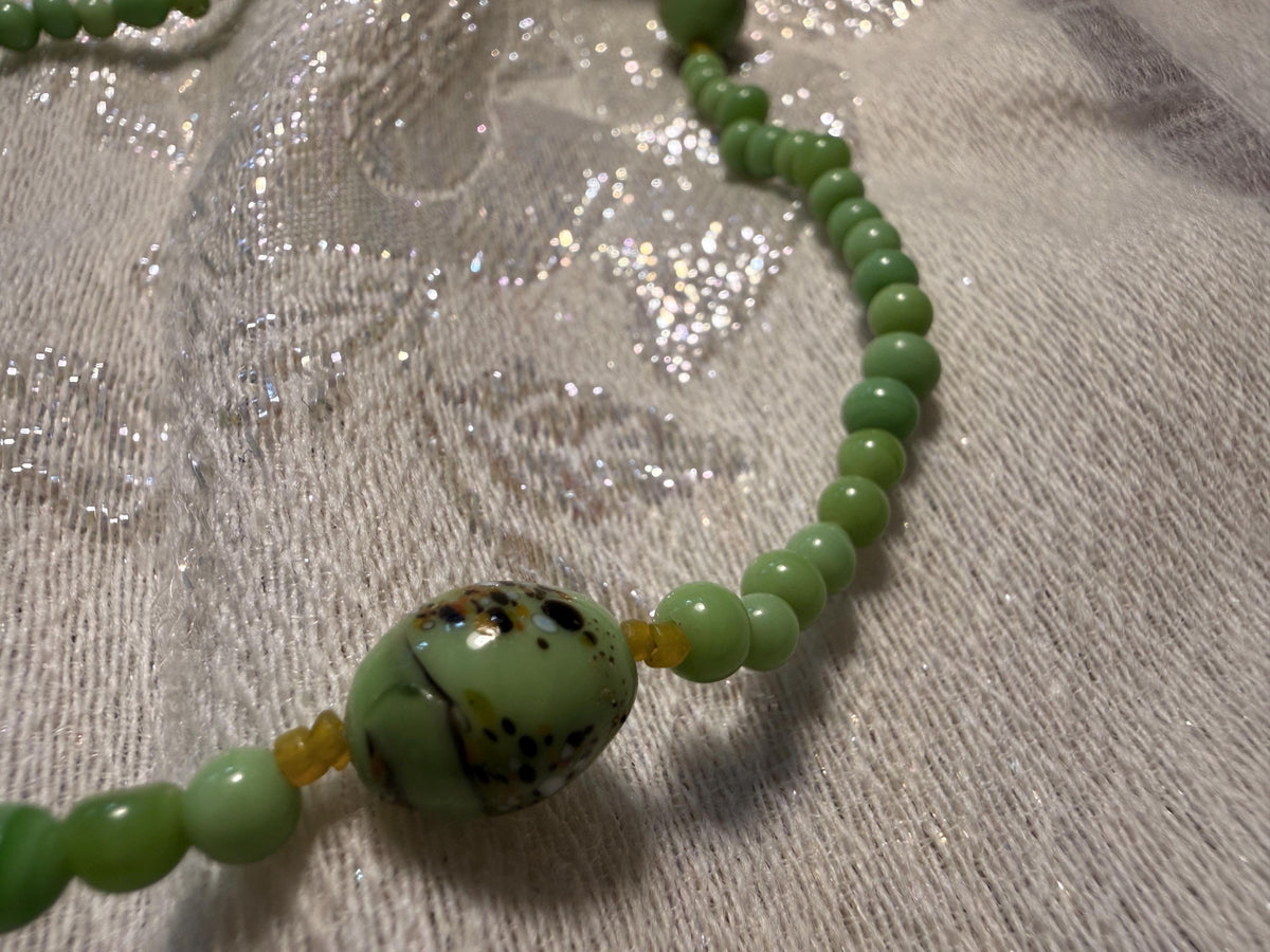 Vintage Green Glass Bead Necklace Long Art Deco Style Lampwork Statement Jewellery