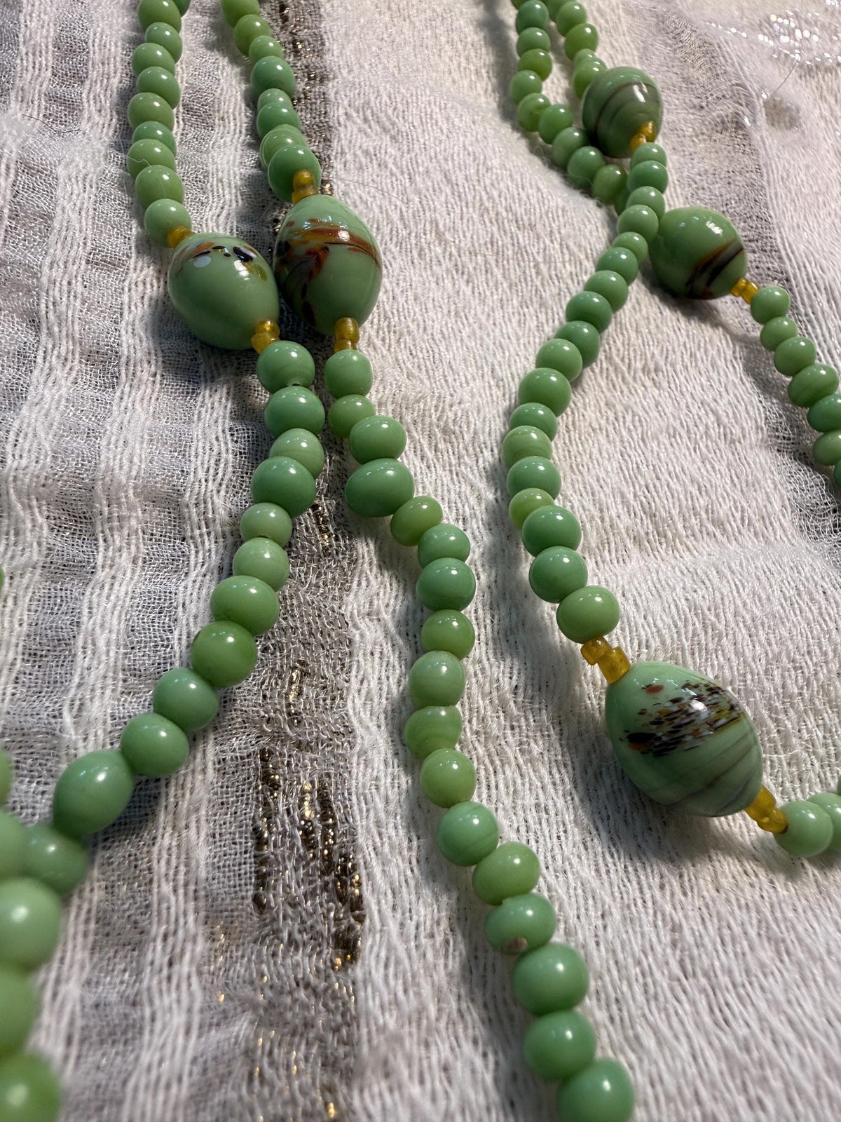 Vintage Green Glass Bead Necklace Long Art Deco Style Lampwork Statement Jewellery