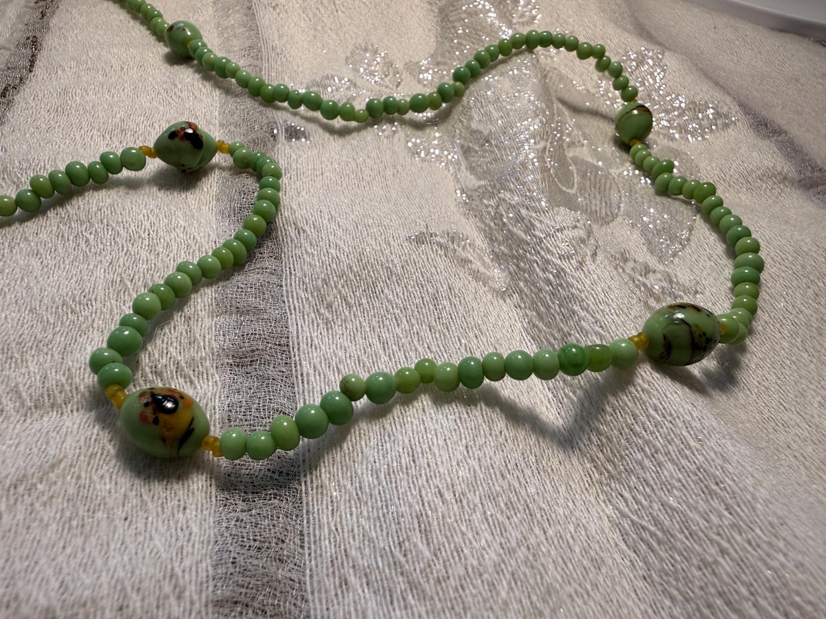 Vintage Green Glass Bead Necklace Long Art Deco Style Lampwork Statement Jewellery