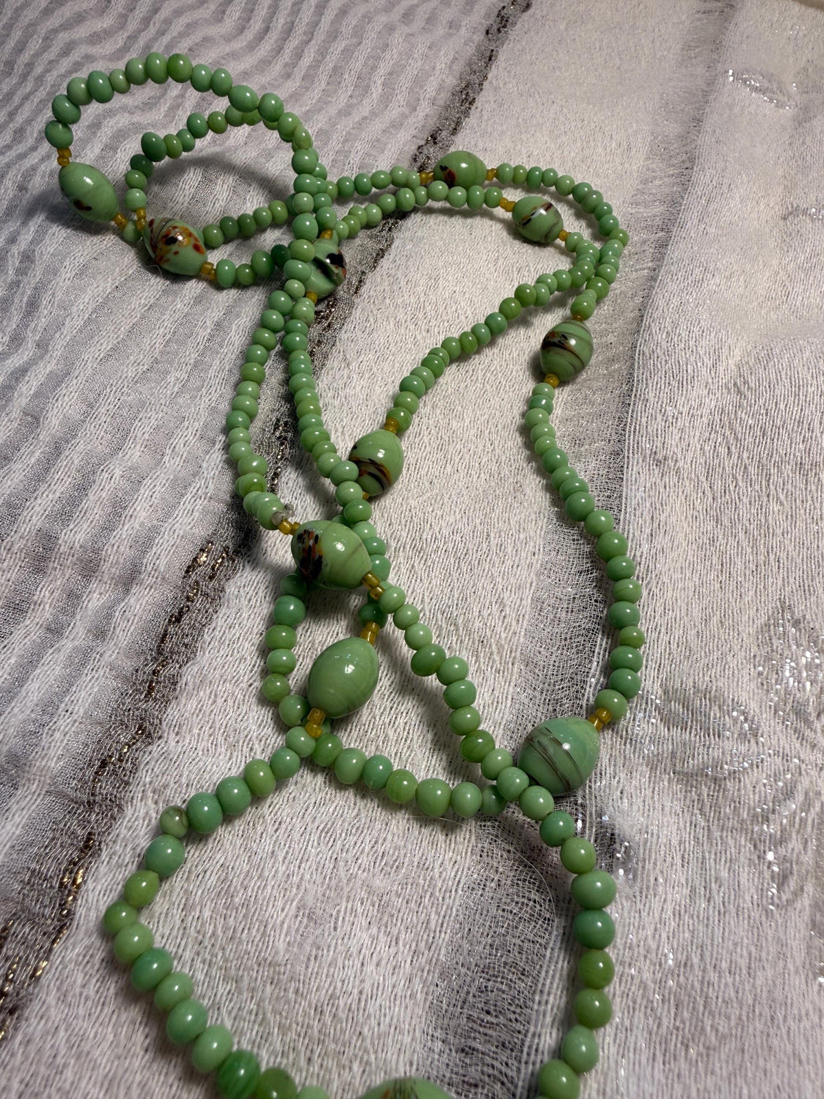 Vintage Green Glass Bead Necklace Long Art Deco Style Lampwork Statement Jewellery