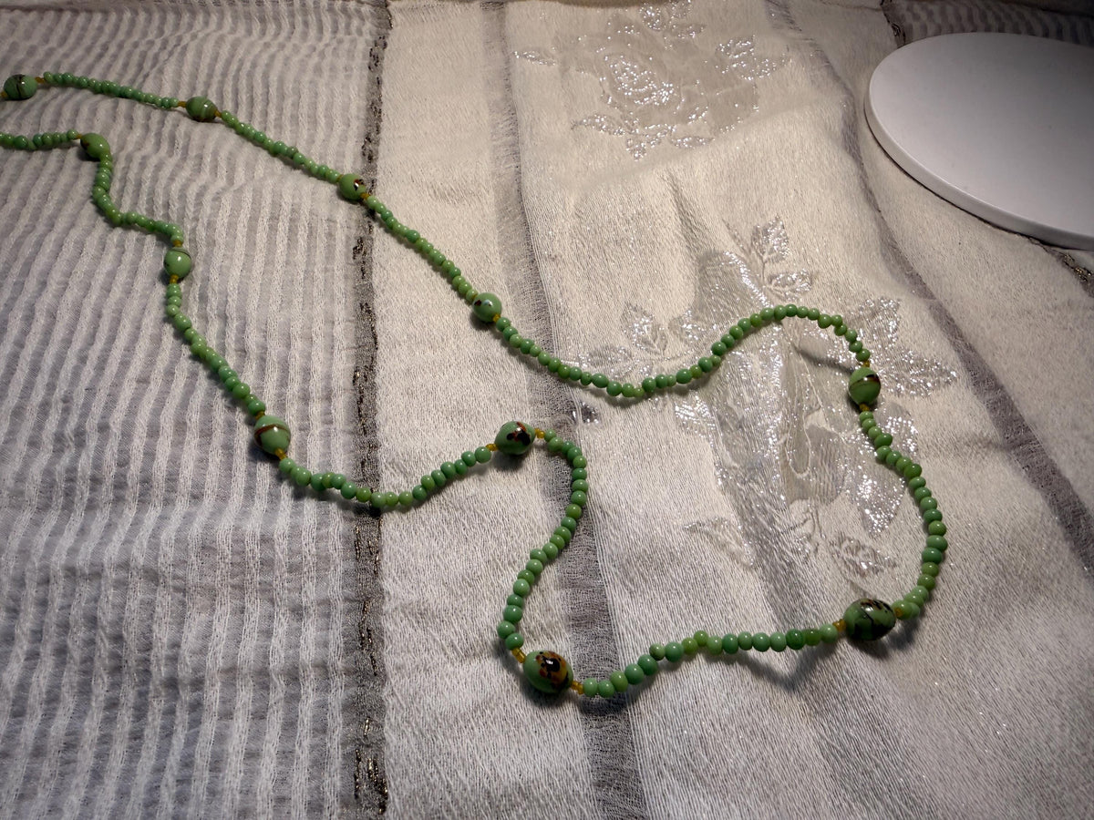 Vintage Green Glass Bead Necklace Long Art Deco Style Lampwork Statement Jewellery