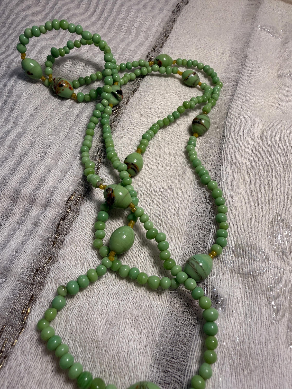 Vintage Green Glass Bead Necklace Long Art Deco Style Lampwork Statement Jewellery
