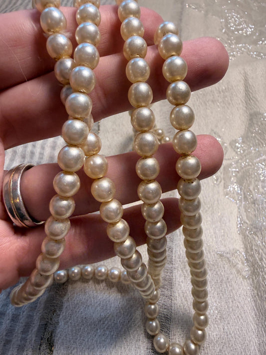 Vintage Long Faux Pearl Necklace Cream Glass Pearl Beads 1950s 1960s Jewellery