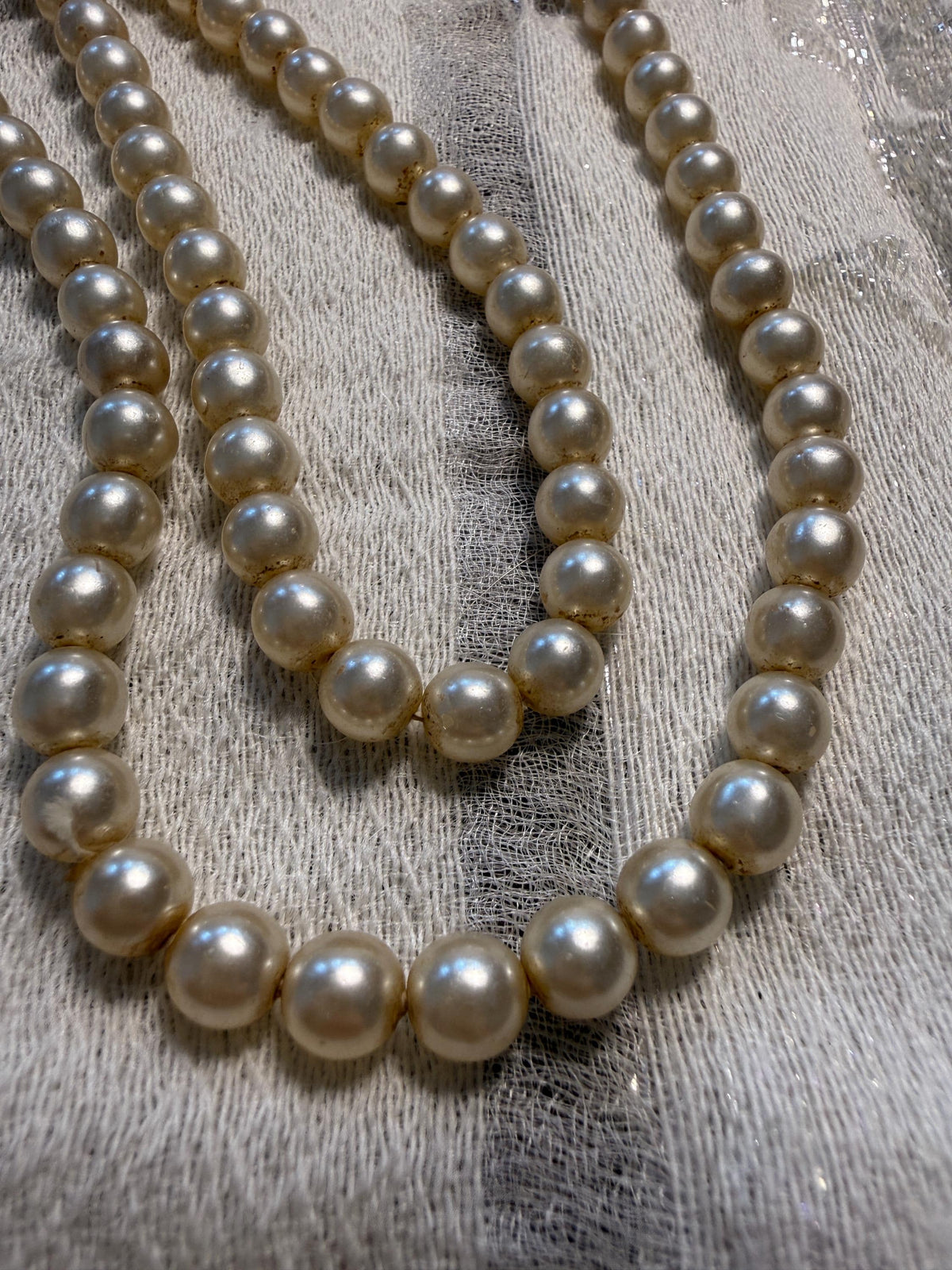 Vintage Long Faux Pearl Necklace Cream Glass Pearl Beads 1950s 1960s Jewellery
