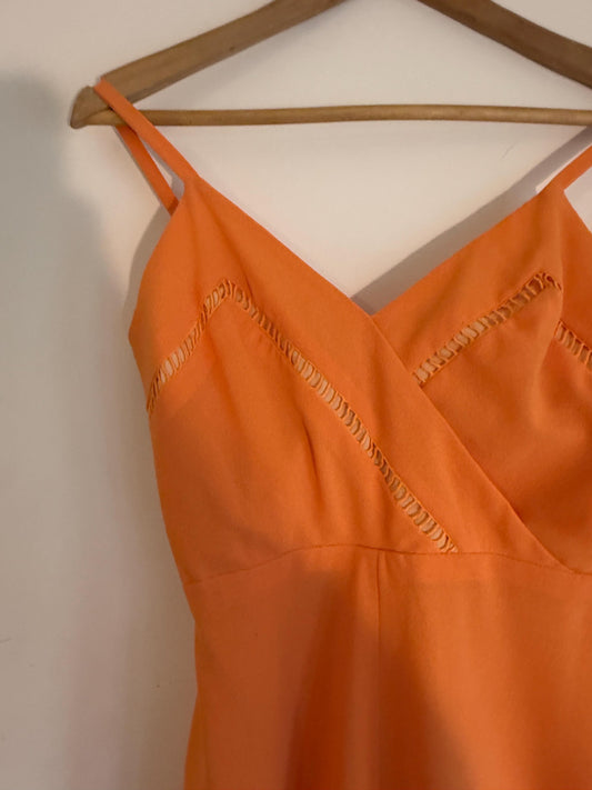 Vintage Susan Small Orange Maxi Dress | 1970s Strappy Evening Dress | Cutwork Bodice Size 10