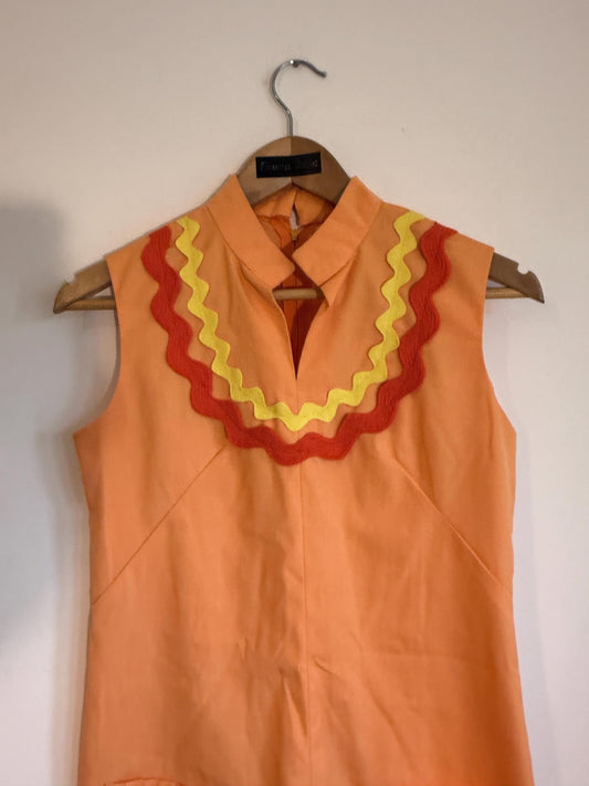 Vintage 1970s Orange Mini Dress | Red and Yellow Ric-Rac Trim | Sleeveless Pinafore Dress