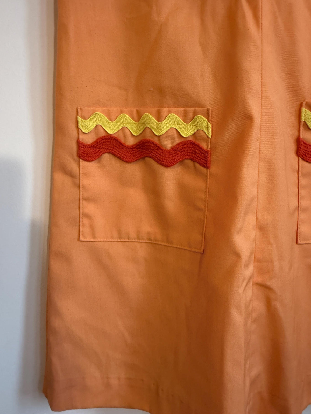 Vintage 1970s Orange Mini Dress | Red and Yellow Ric-Rac Trim | Sleeveless Pinafore Dress