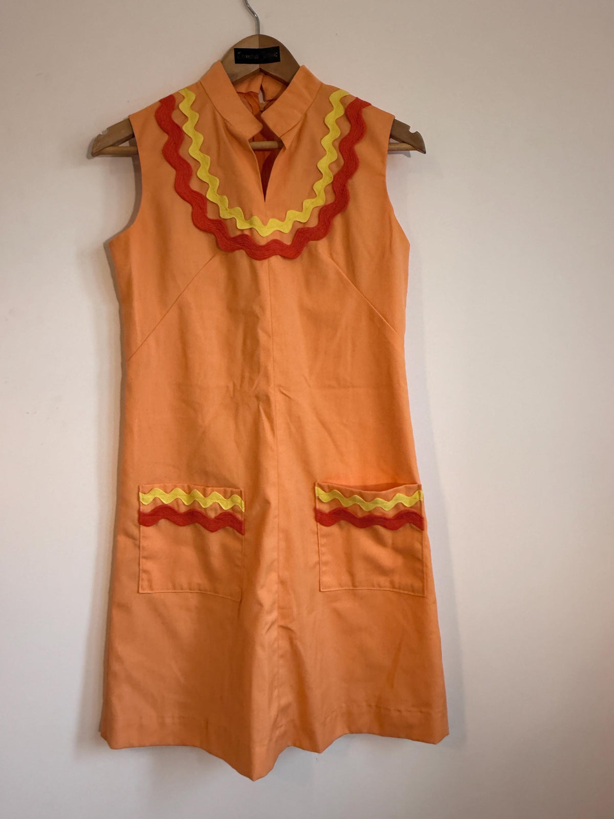 Vintage 1970s Orange Mini Dress | Red and Yellow Ric-Rac Trim | Sleeveless Pinafore Dress