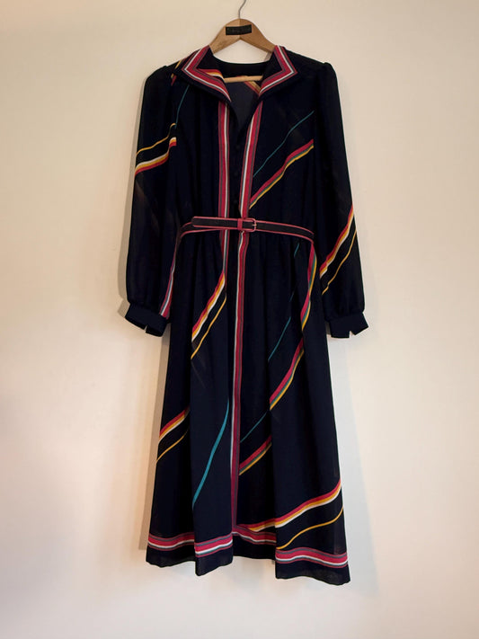 Vintage 1970s Navy Stripe Midi Dress | Belted Long Sleeve Shirt Dress | Colourful Retro Dress