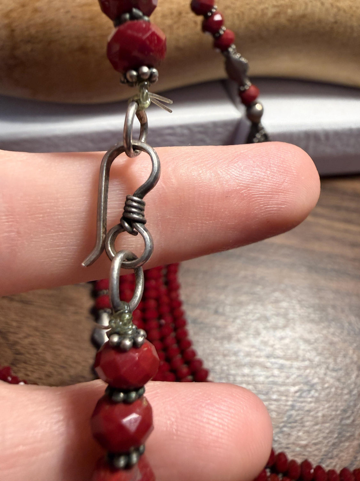Vintage Multi Strand Red Bead Necklace – Faceted Crimson Beads, Ornate Silver Tone Statement Jewellery