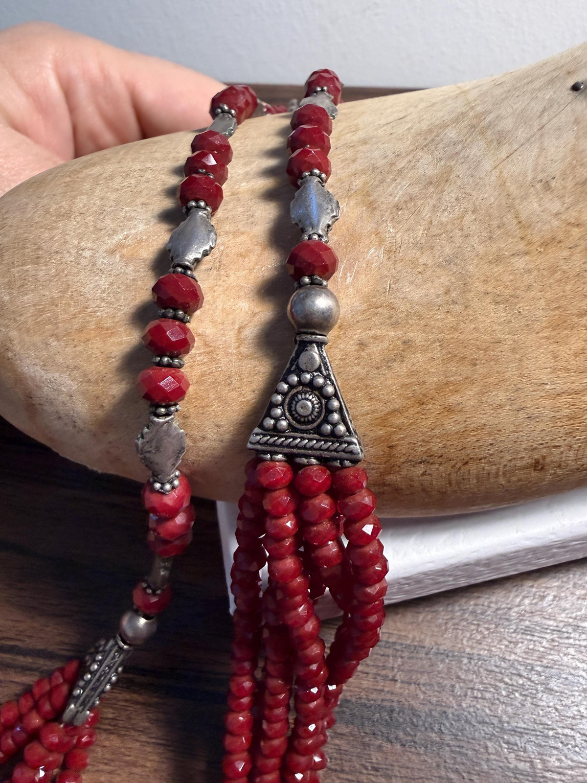 Vintage Multi Strand Red Bead Necklace – Faceted Crimson Beads, Ornate Silver Tone Statement Jewellery