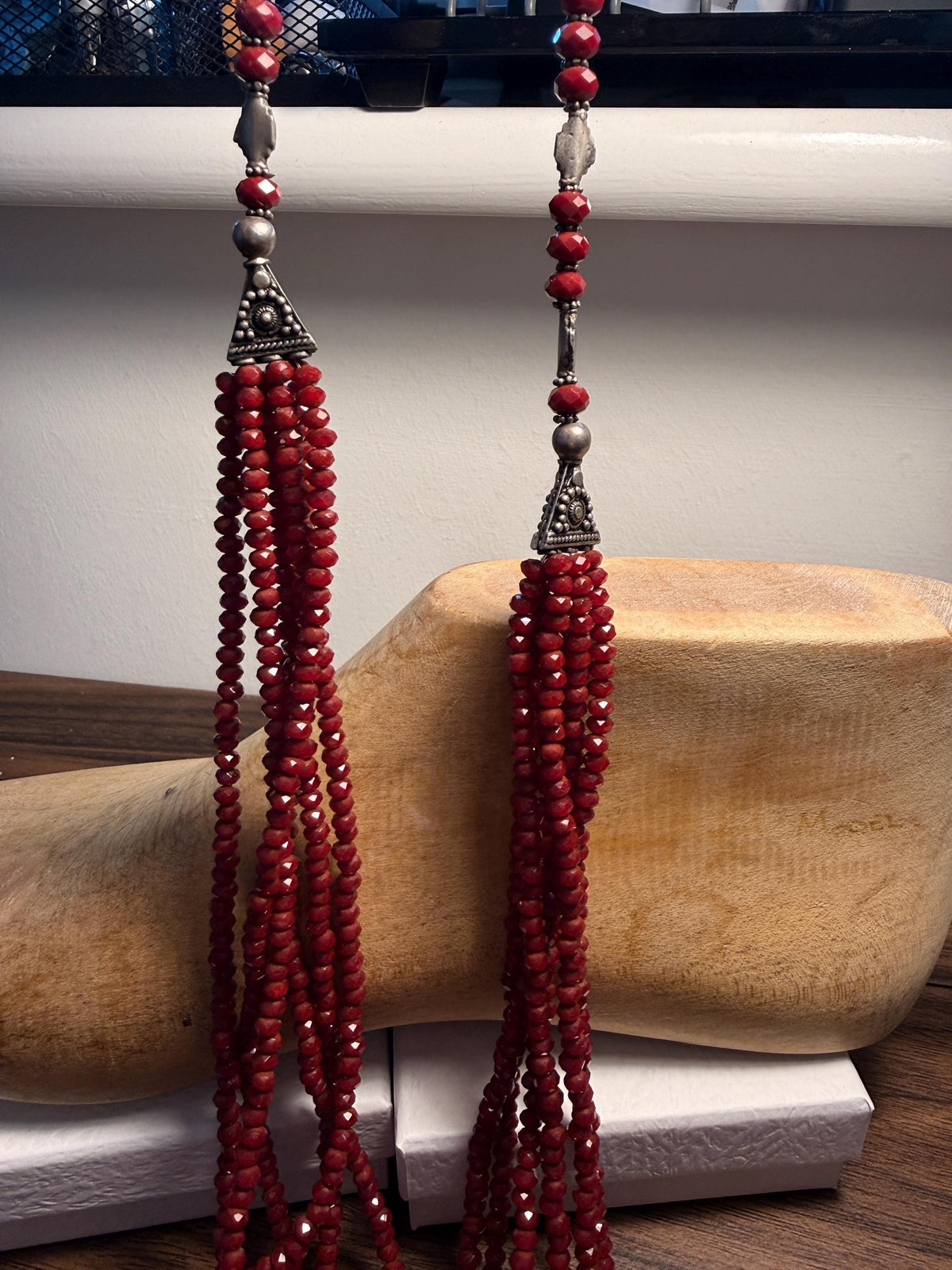 Vintage Multi Strand Red Bead Necklace – Faceted Crimson Beads, Ornate Silver Tone Statement Jewellery
