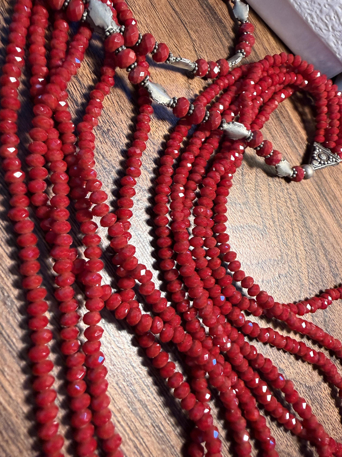 Vintage Multi Strand Red Bead Necklace – Faceted Crimson Beads, Ornate Silver Tone Statement Jewellery