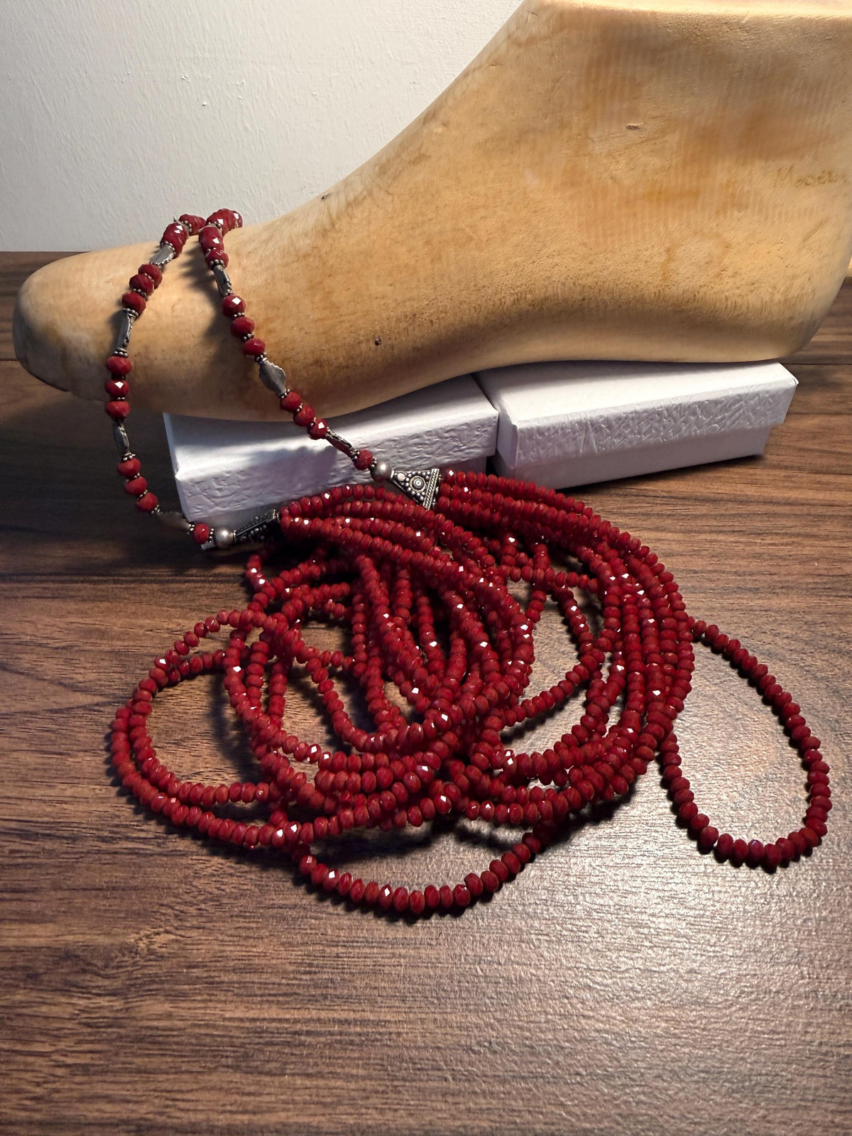 Vintage Multi Strand Red Bead Necklace – Faceted Crimson Beads, Ornate Silver Tone Statement Jewellery