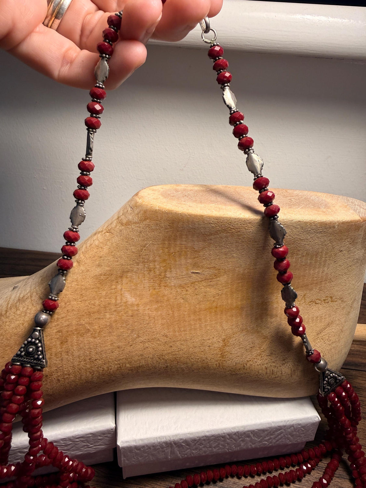 Vintage Multi Strand Red Bead Necklace – Faceted Crimson Beads, Ornate Silver Tone Statement Jewellery