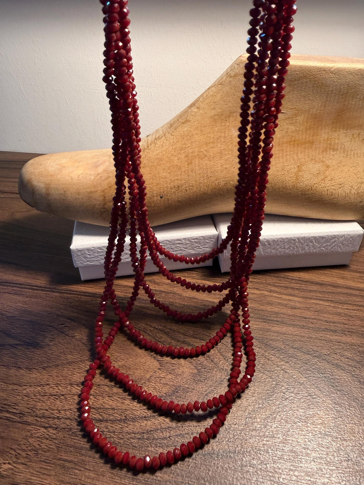 Vintage Multi Strand Red Bead Necklace – Faceted Crimson Beads, Ornate Silver Tone Statement Jewellery
