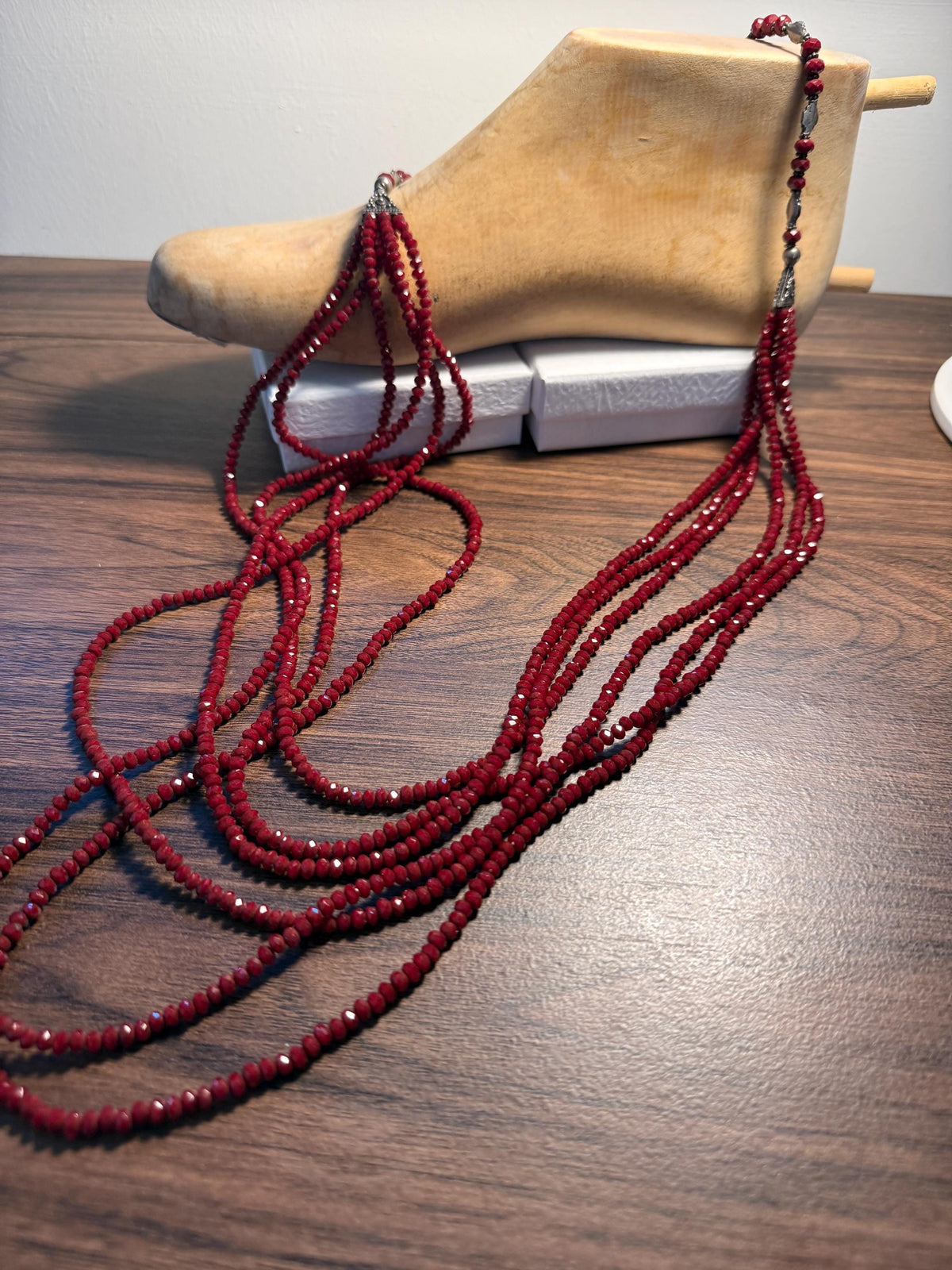 Vintage Multi Strand Red Bead Necklace – Faceted Crimson Beads, Ornate Silver Tone Statement Jewellery