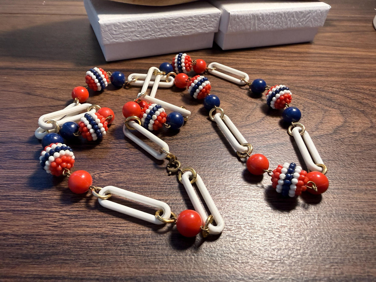 1930s Red White and Blue Celluloid Necklace – Long Art Deco Flapper Sautoir with Beaded Balls and Paperclip Links
