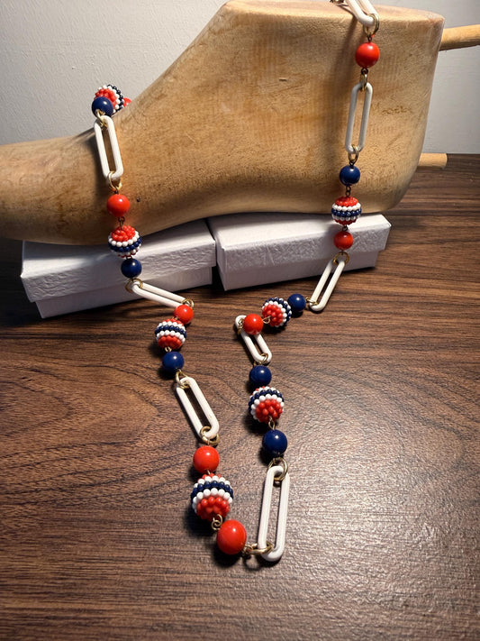 1930s Red White and Blue Celluloid Necklace – Long Art Deco Flapper Sautoir with Beaded Balls and Paperclip Links