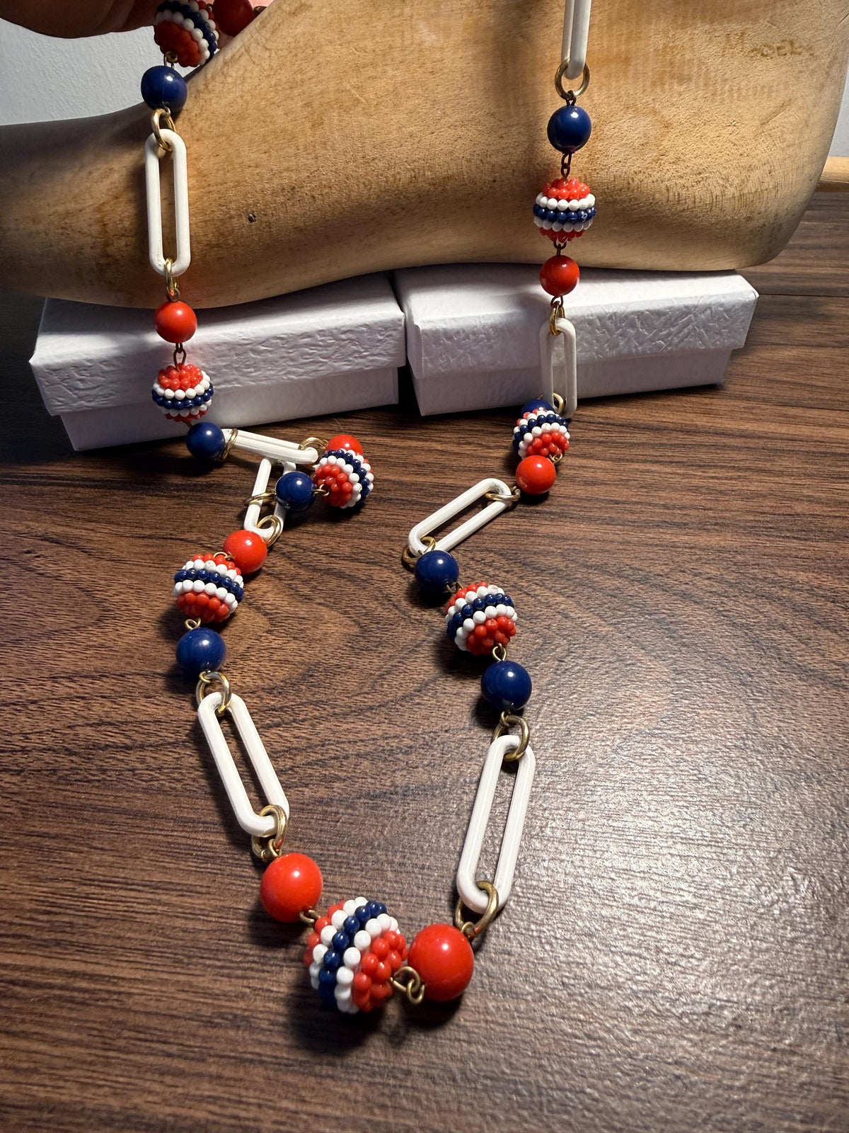 1930s Red White and Blue Celluloid Necklace – Long Art Deco Flapper Sautoir with Beaded Balls and Paperclip Links