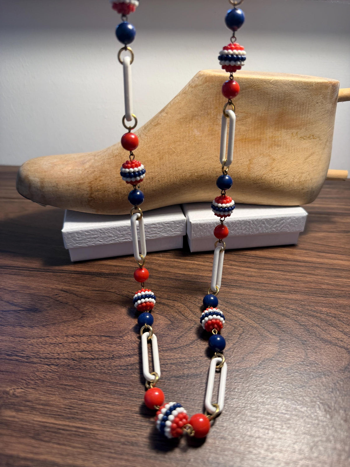 1930s Red White and Blue Celluloid Necklace – Long Art Deco Flapper Sautoir with Beaded Balls and Paperclip Links