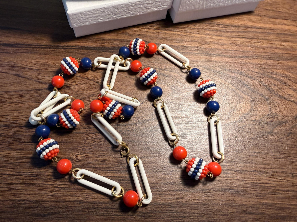 1930s Red White and Blue Celluloid Necklace – Long Art Deco Flapper Sautoir with Beaded Balls and Paperclip Links