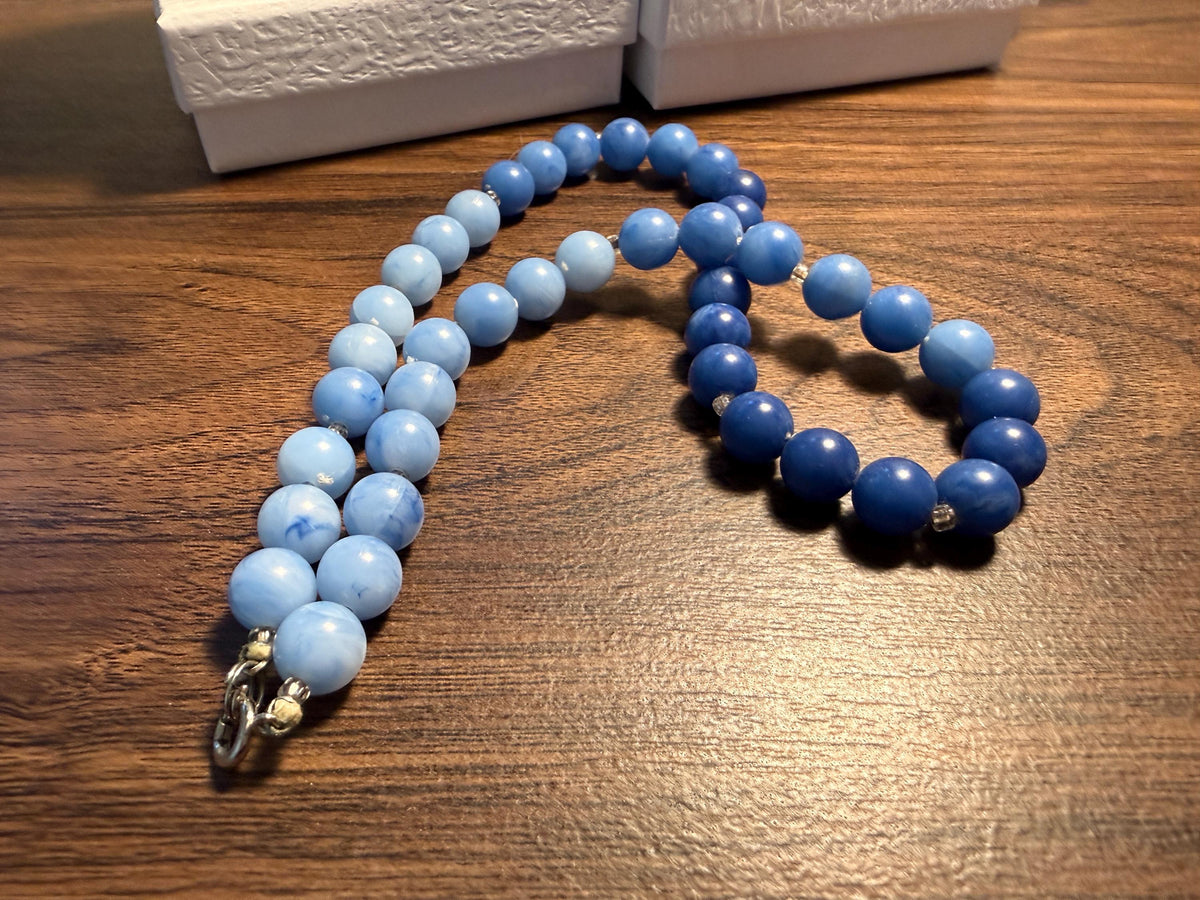 1950s Vintage Blue Marbled plastic Bead Necklace – Cornflower Blue Ombré Beads, Mid-Century Statement Jewellery