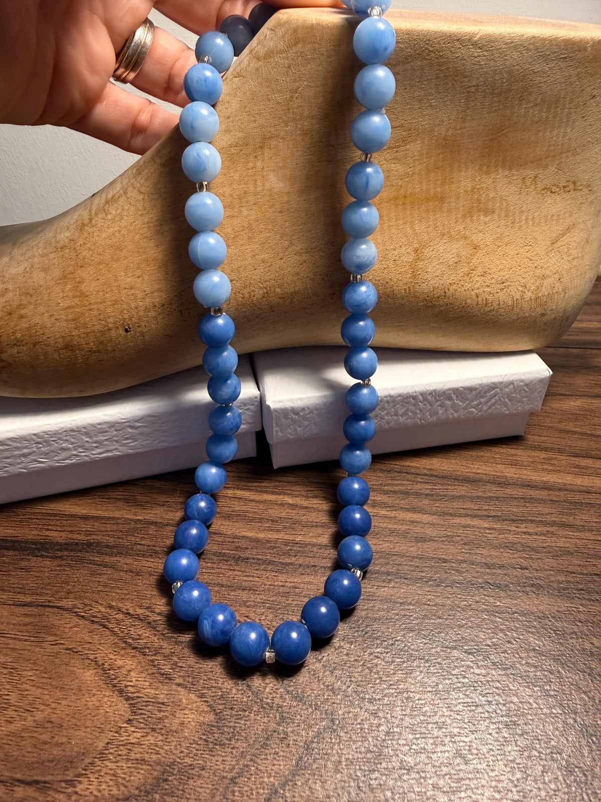 1950s Vintage Blue Marbled plastic Bead Necklace – Cornflower Blue Ombré Beads, Mid-Century Statement Jewellery